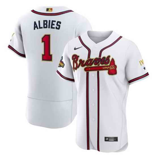 Men Atlanta Braves #1 Ozzie Albies 2022 White Gold World Series Champions Program Flex Base Stitched Baseball jersey->atlanta braves->MLB Jersey
