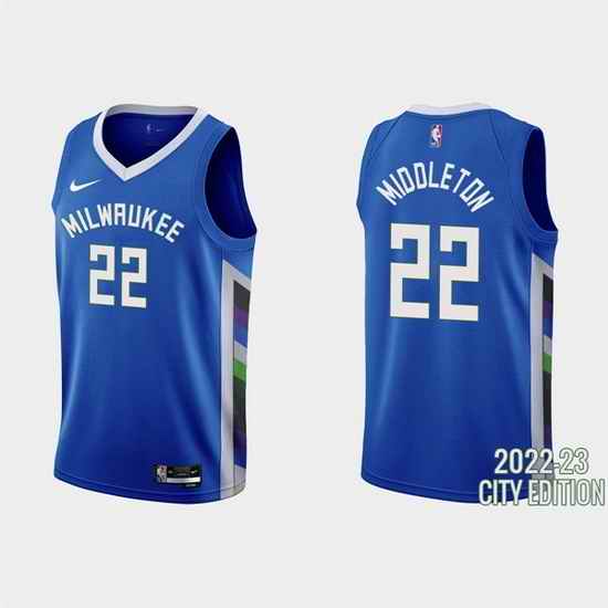Men Milwaukee Bucks #22 Khris Middleton 2022 23 Blue City Edition Stitched Basketball Jersey->new orleans pelicans->NBA Jersey