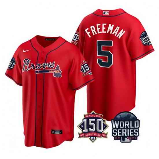 Men Atlanta Braves #5 Freddie Freeman 2021 Red World Series With 150th Anniversary Patch Cool Base Stitched Jersey->2021 world series->MLB Jersey