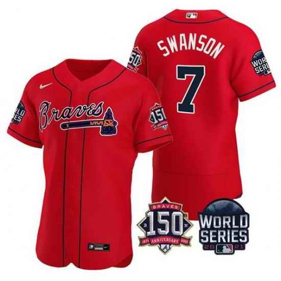 Men Atlanta Braves #7 Dansby Swanson 2021 Red World Series With 150th Anniversary Patch Stitched Baseball Jersey->2021 world series->MLB Jersey