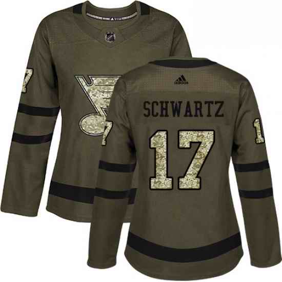 Womens Adidas St Louis Blues #17 Jaden Schwartz Authentic Green Salute to Service NHL Jersey->women nhl jersey->Women Jersey