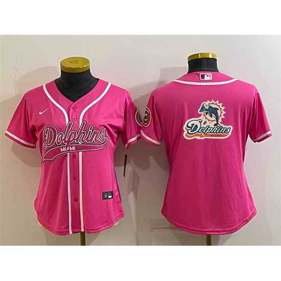 Women Miami Dolphins Pink Team Big Logo With Patch Cool Base Stitched Baseball Jersey->women nfl jersey->Women Jersey