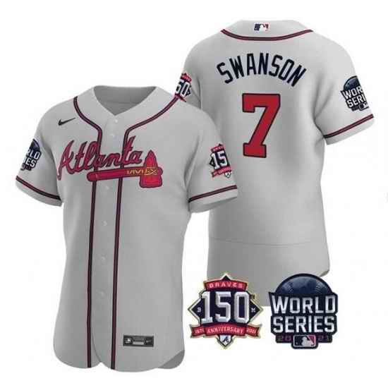 Men Atlanta Braves #7 Dansby Swanson 2021 Gray World Series With 150th Anniversary Patch Stitched Baseball Jersey->2021 world series->MLB Jersey