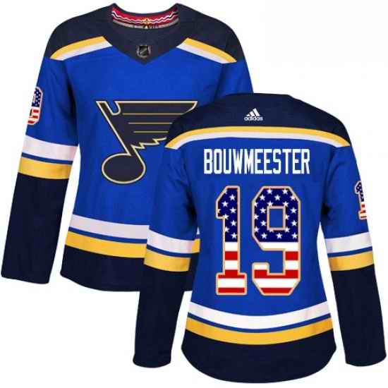Womens Adidas St Louis Blues #19 Jay Bouwmeester Authentic Blue USA Flag Fashion NHL Jersey->women nhl jersey->Women Jersey