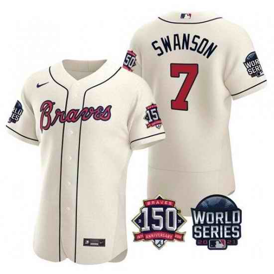 Men Atlanta Braves #7 Dansby Swanson 2021 Cream World Series With 150th Anniversary Patch Stitched Baseball Jersey->2021 world series->MLB Jersey