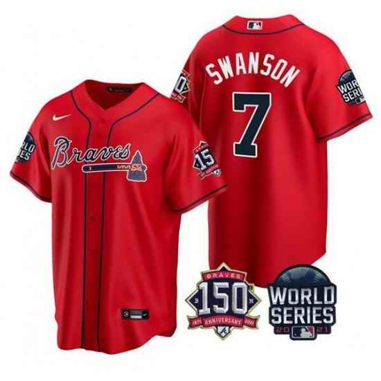 Men Atlanta Braves #7 Dansby Swanson 2021 Red World Series With 150th Anniversary Patch Cool Base Stitched Jersey->2021 world series->MLB Jersey