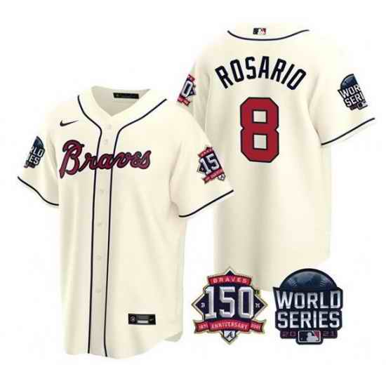 Men Atlanta Braves #8 Eddie Rosario 2021 Cream World Series With 150th Anniversary Patch Cool Base Stitched Jersey->2021 world series->MLB Jersey