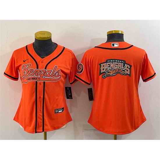 Women Cincinnati Bengals Orange Team Big Logo With Patch Cool Base Stitched Baseball Jersey->women nfl jersey->Women Jersey