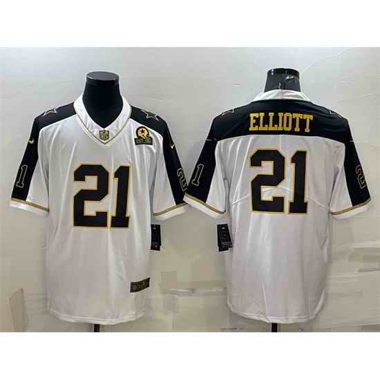 Men Dallas Cowboys #21 Ezekiel Elliott White Gold Edition With 1960 Patch Limited Stitched Football Jersey->dallas cowboys->NFL Jersey