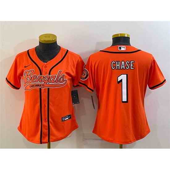 Women Cincinnati Bengals #1 Ja 27Marr Chase Orange With Patch Cool Base Stitched Baseball Jersey->women nfl jersey->Women Jersey