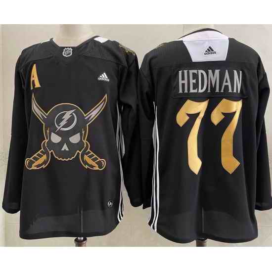 Men's Tampa Bay Lightning #77 Victor Hedman Black Pirate Themed Warmup Authentic Jersey->minnesota wild->NHL Jersey