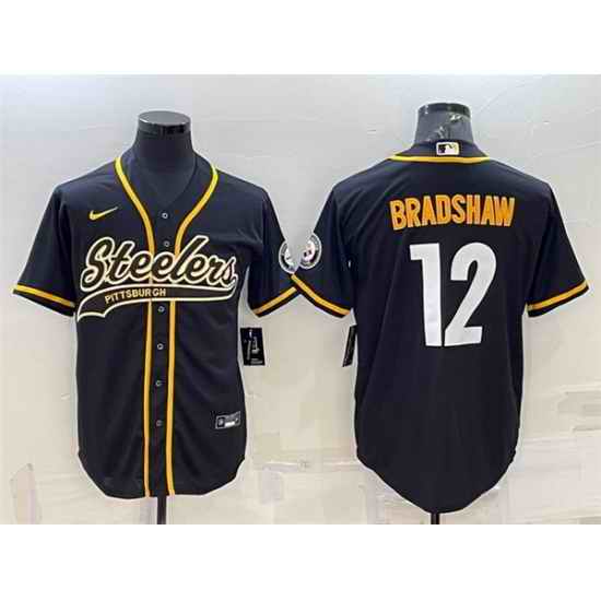 Men Pittsburgh Steelers #12 Terry Bradshaw Black With Patch Cool Base Stitched Baseball Jersey->tennessee titans->NFL Jersey