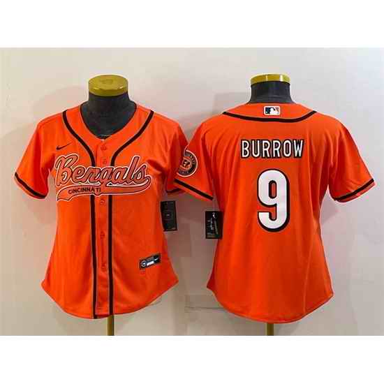 Women Cincinnati Bengals #9 Joe Burrow Orange With Patch Cool Base Stitched Baseball Jersey->women nfl jersey->Women Jersey