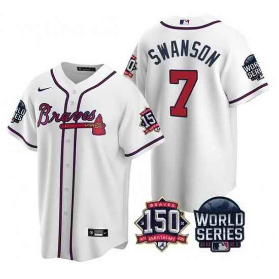 Men Atlanta Braves #7 Dansby Swanson 2021 White World Series With 150th Anniversary Patch Cool Base Stitched Jersey->2021 world series->MLB Jersey