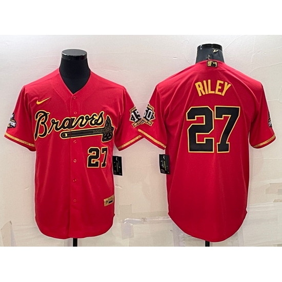 Men Atlanta Braves #27 Austin Riley Red Gold Cool Base Stitched Baseball Jersey->chicago cubs->MLB Jersey