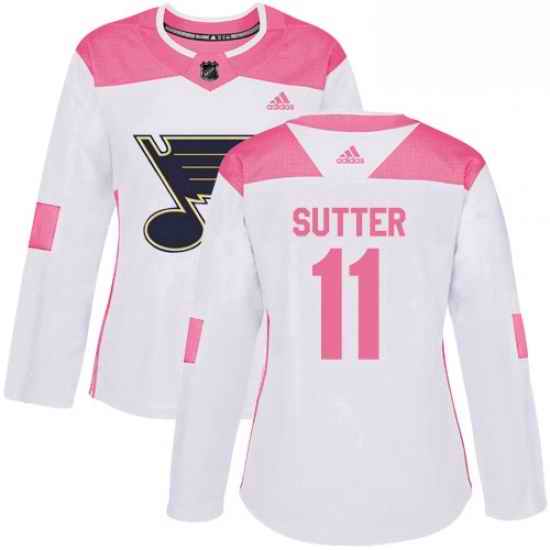 Womens Adidas St Louis Blues #11 Brian Sutter Authentic WhitePink Fashion NHL Jersey->women nhl jersey->Women Jersey