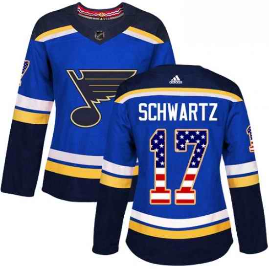Womens Adidas St Louis Blues #17 Jaden Schwartz Authentic Blue USA Flag Fashion NHL Jersey->women nhl jersey->Women Jersey