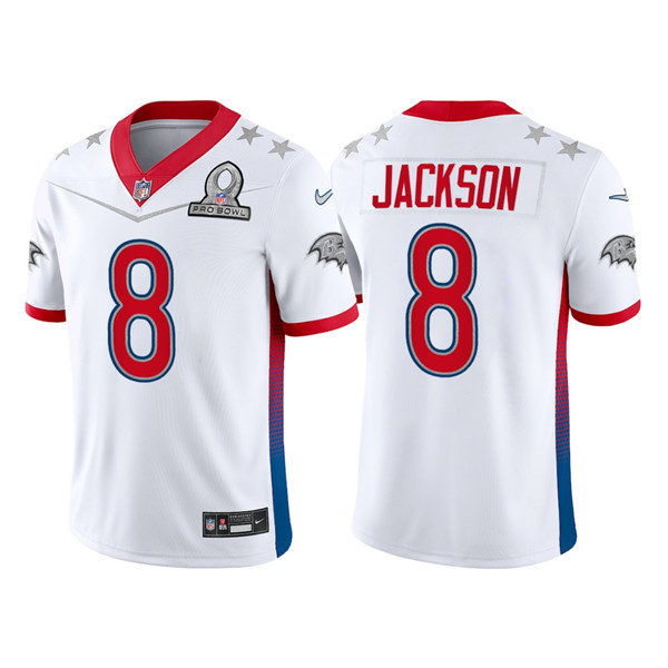 Men’s Baltimore Ravens #8 Lamar Jackson 2022 White AFC Pro Bowl Stitched Jersey->2022 pro bowl->NFL Jersey