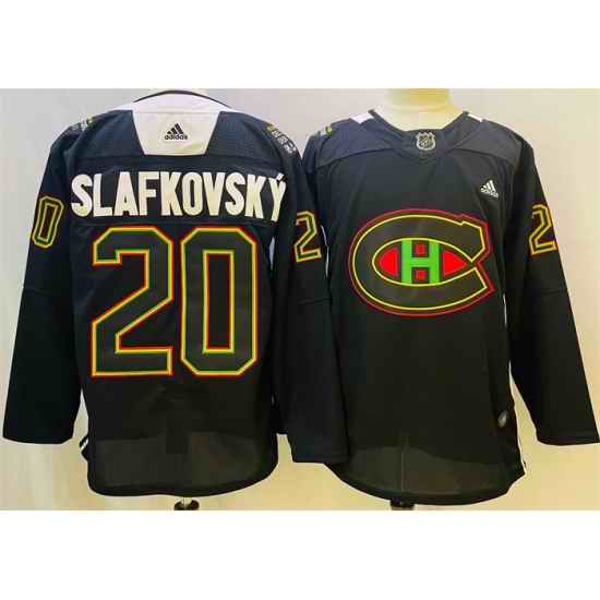 Men Montreal Canadiens #20 Juraj Slafkovsky 2022 Black Warm Up History Night Stitched Jersey->montreal canadiens->NHL Jersey