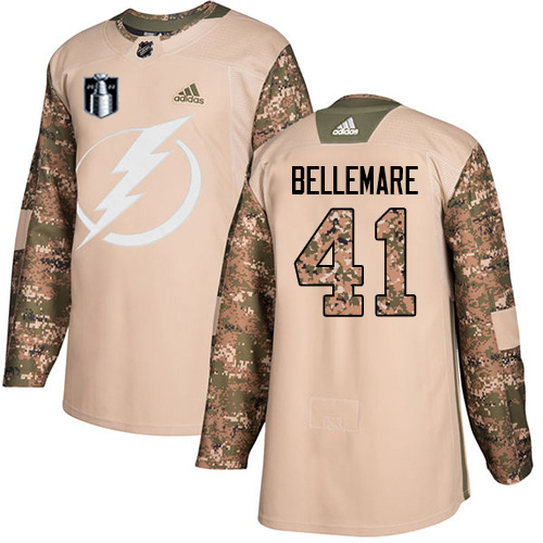 Adidas Tampa Bay Lightning #41 Pierre-Edouard Bellemare Camo Authentic 2022 Stanley Cup Final Patch Veterans Day Stitched NHL Jersey Men’s->tampa bay lightning->NHL Jersey
