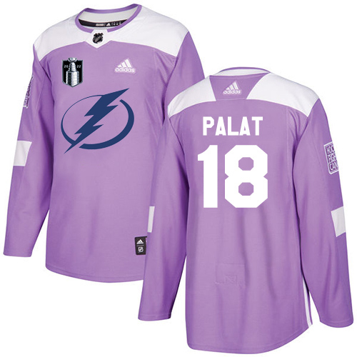 Adidas Tampa Bay Lightning #18 Ondrej Palat Purple Authentic 2022 Stanley Cup Final Patch Fights Cancer Stitched NHL Jersey Men’s->tampa bay lightning->NHL Jersey