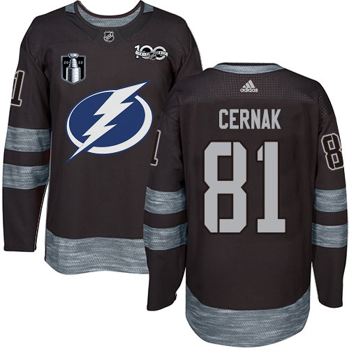 Adidas Tampa Bay Lightning #81 Erik Cernak Black 2022 Stanley Cup Final Patch 100th Anniversary Stitched NHL Jersey Men’s->tampa bay lightning->NHL Jersey