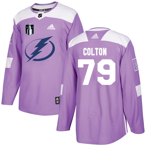 Adidas Tampa Bay Lightning #79 Ross Colton Purple Authentic 2022 Stanley Cup Final Patch Fights Cancer Stitched NHL Jersey Men’s->tampa bay lightning->NHL Jersey