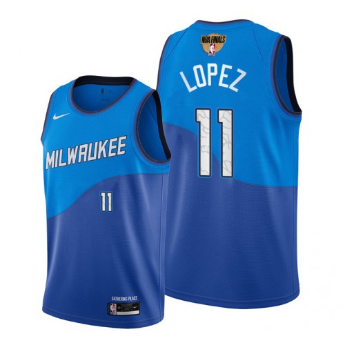 Nike Milwaukee Bucks #11 Brook Lopez Youth 2021 NBA Finals Bound City Edition Jersey Blue Youth->youth nba jersey->Youth Jersey
