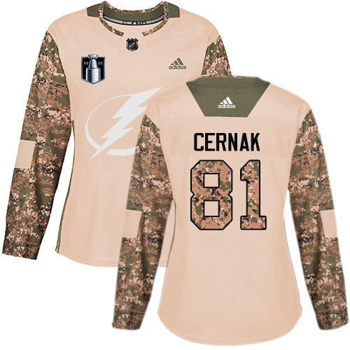 Adidas Tampa Bay Lightning #81 Erik Cernak Camo Authentic 2022 Stanley Cup Final Patch Women’s Veterans Day Stitched NHL Jersey Womens->tampa bay lightning->NHL Jersey