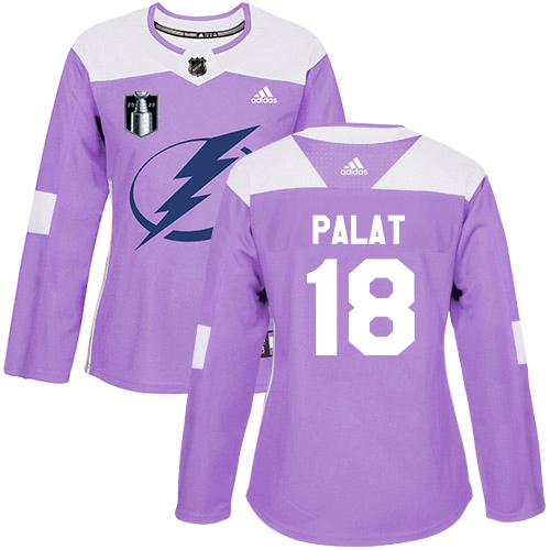 Adidas Tampa Bay Lightning #18 Ondrej Palat Purple Authentic 2022 Stanley Cup Final Patch Women’s Fights Cancer Stitched NHL Jersey Womens->women nhl jersey->Women Jersey