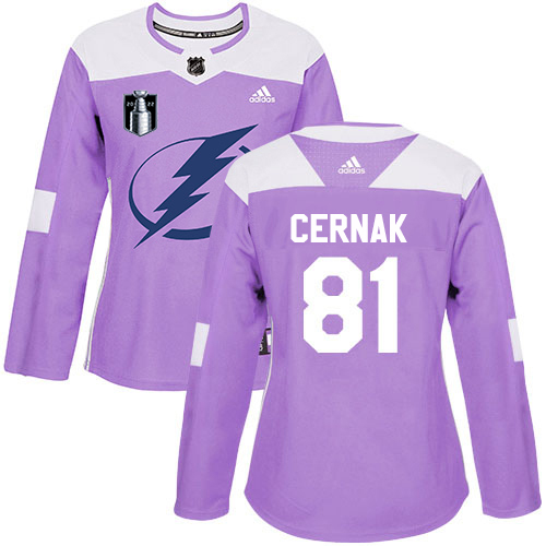 Adidas Tampa Bay Lightning #81 Erik Cernak Purple Authentic 2022 Stanley Cup Final Patch Women’s Fights Cancer Stitched NHL Jersey Womens->tampa bay lightning->NHL Jersey