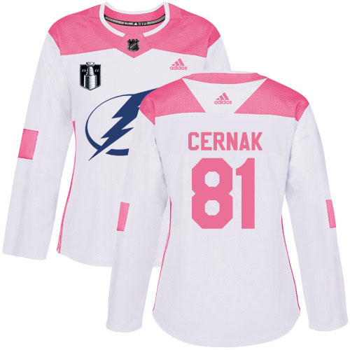 Adidas Tampa Bay Lightning #81 Erik Cernak White/Pink 2022 Stanley Cup Final Patch Authentic Fashion Women’s Stitched NHL Jersey Womens->tampa bay lightning->NHL Jersey