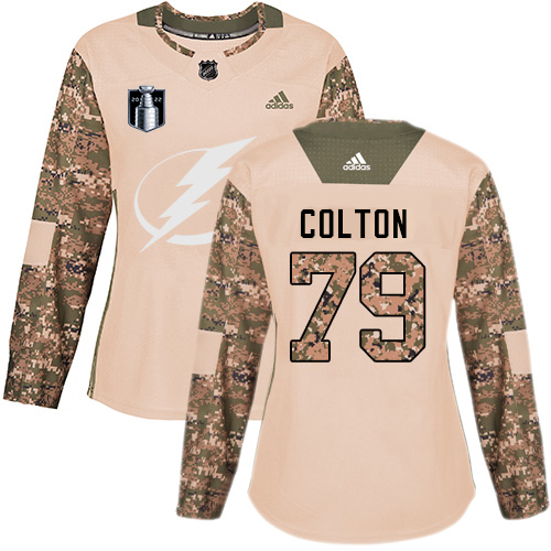 Adidas Tampa Bay Lightning #79 Ross Colton Camo Women’s Authentic 2022 Stanley Cup Final Patch Veterans Day Stitched NHL Jersey Womens->tampa bay lightning->NHL Jersey