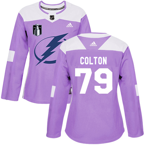 Adidas Tampa Bay Lightning #79 Ross Colton Purple Women’s Authentic 2022 Stanley Cup Final Patch Fights Cancer Stitched NHL Jersey Womens->tampa bay lightning->NHL Jersey