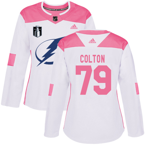 Adidas Tampa Bay Lightning #79 Ross Colton White/Pink 2022 Stanley Cup Final Patch Authentic Fashion Women’s Stitched NHL Jersey Womens->tampa bay lightning->NHL Jersey