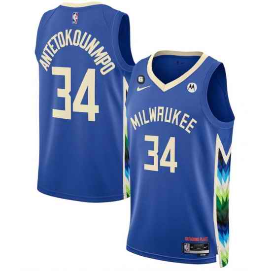 Men Milwaukee Bucks 34 Giannis Antetokounmpo Blue 2022 23 City Edition With NO #6 Patch Stitched Basketball Jersey->miami heat->NBA Jersey