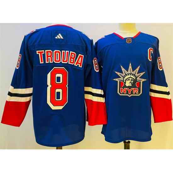 Men New York Rangers #8 Jacob Trouba Blue 2022 23 Reverse Retro Stitched Jersey->new york islanders->NHL Jersey