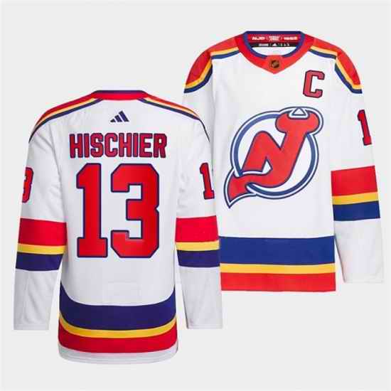 Men New Jersey Devils #13 Nico Hischier White 2022 23 Reverse Retro Stitched Jersey->montreal canadiens->NHL Jersey