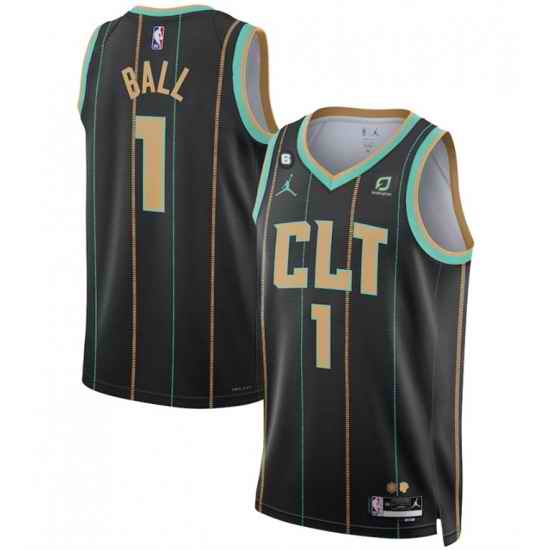 Men Charlotte Hornets #1 LaMelo Ball Black 2022 23 City Edition No 6 Patch Stitched Basketball Jersey->brooklyn nets->NBA Jersey