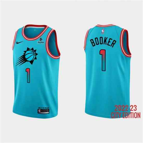Men Phoenix Suns #1 Devin Booker Blue 2022 23 City Edition With Black Payple Logo Stitched Basketball Jersey->philadelphia 76ers->NBA Jersey