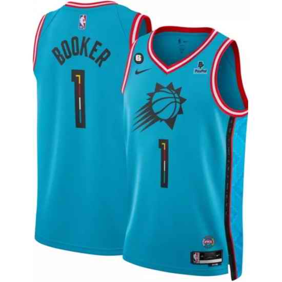 Men Phoenix Suns #1 Devin Booker Blue 2022 23 City Edition With NO 6 And Payple Patch Stitched Basketball Jersey->philadelphia 76ers->NBA Jersey