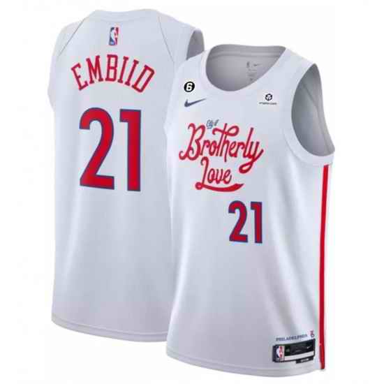 Men Philadelphia 76ers 21 Joel Embiid White 2022 23 City Edition With NO #6 Patch Stitched Basketball Jersey->phoenix suns->NBA Jersey