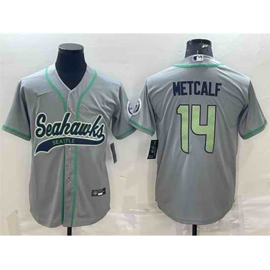 Men Seattle Seahawks #14 DK Metcalf Grey With Patch Cool Base Stitched Baseball Jersey->seattle seahawks->NFL Jersey