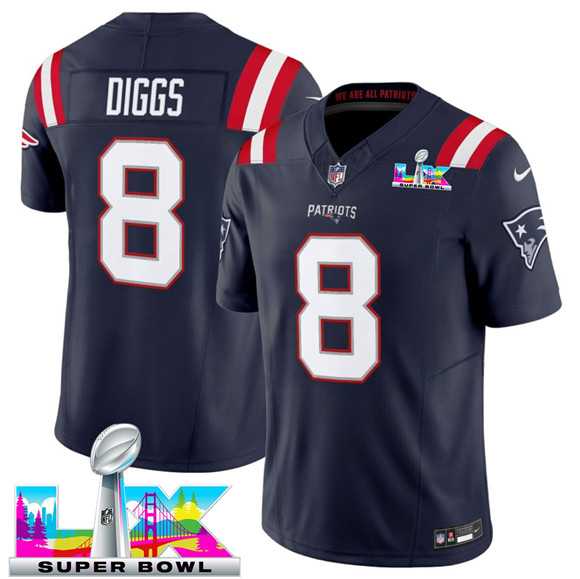 Mens New England Patriots #8 Stefon Diggs Navy 2025 F.U.S.E. Super Bowl LX Patch Vapor Limited Stitched Jersey->->