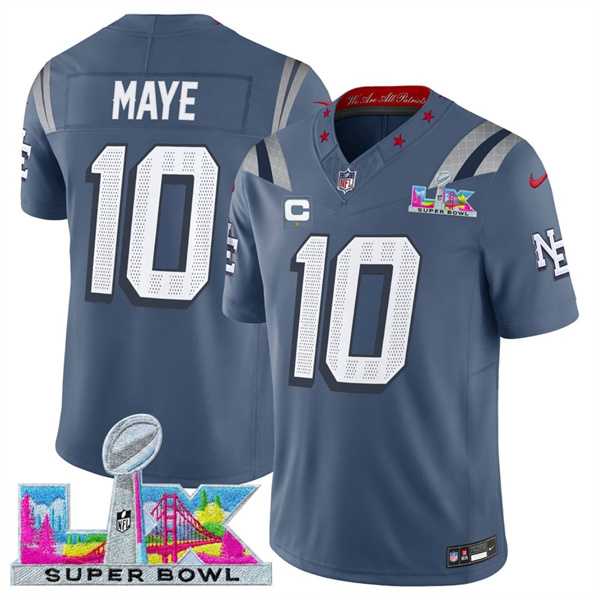 Mens New England Patriots #10 Drake Maye Storm Blue 2025 F.U.S.E. Super Bowl LX Patch And 1-Star C Patch Rivalries Vapor Limited Stitched Jersey->->