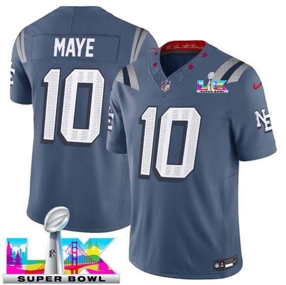 Mens New England Patriots #10 Drake Maye Storm Blue 2025 F.U.S.E. Super Bowl LX Patch Rivalries Vapor Limited Stitched Jersey->->