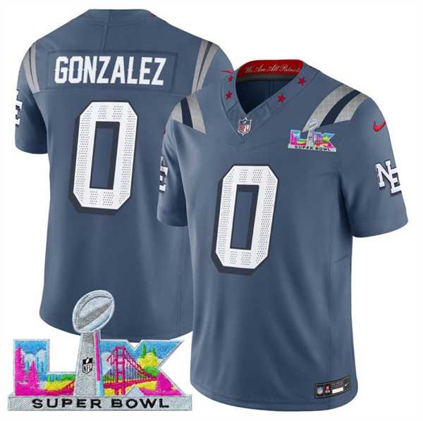 Mens New England Patriots #0 Christian Gonzalez Storm Blue 2025 F.U.S.E. Super Bowl LX Patch Rivalries Vapor Limited Stitched Jersey->->