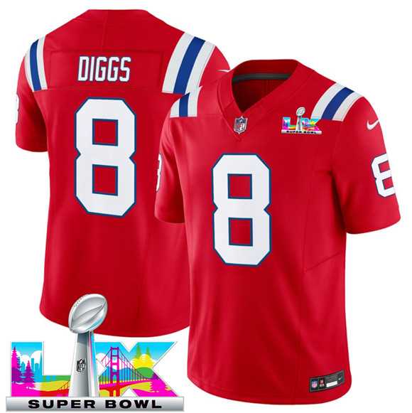 Mens New England Patriots #8 Stefon Diggs Red 2025 F.U.S.E. Super Bowl LX Patch Vapor Limited Stitched Jersey->->