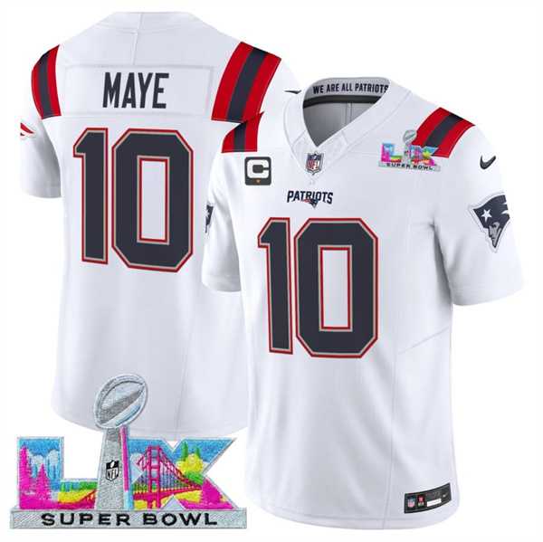 Mens New England Patriots #10 Drake Maye White 2025 F.U.S.E. Super Bowl LX Patch And 1-Star C Patch Vapor Limited Stitched Jersey->->