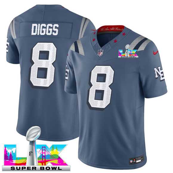 Mens New England Patriots #8 Stefon Diggs Storm Blue 2025 F.U.S.E. Super Bowl LX Patch Rivalries Vapor Limited Stitched Jersey->->